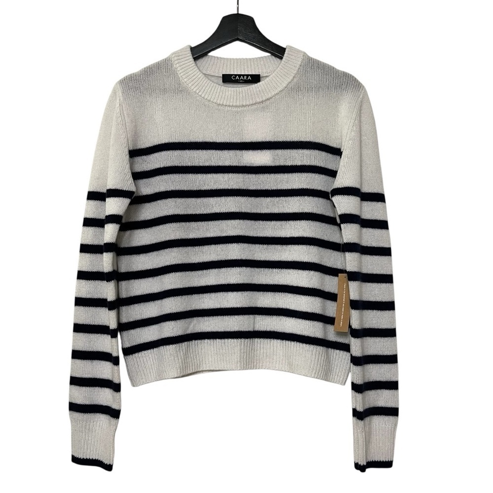 CAARA Cashmere Crewneck Sweater Navy Stripe XS NWT Cozy Coastal Contemporary